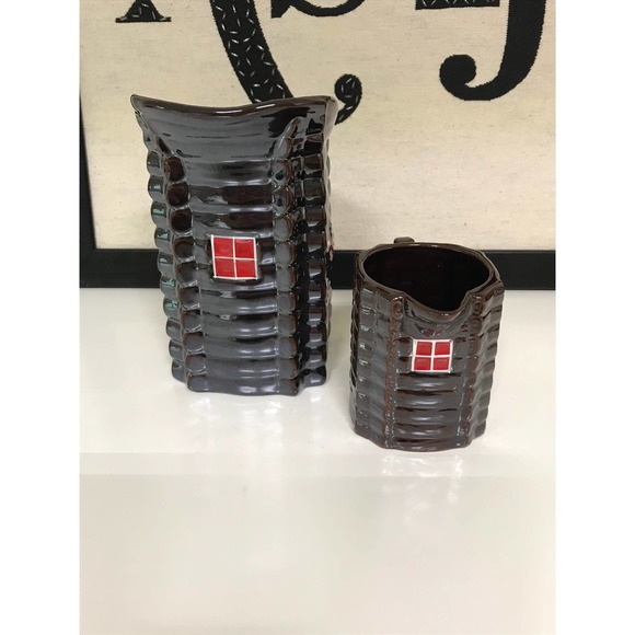 Vintage Lusterware Log Cabin Rooster Butter and Syrup Pitchers - Picture 3 of 4